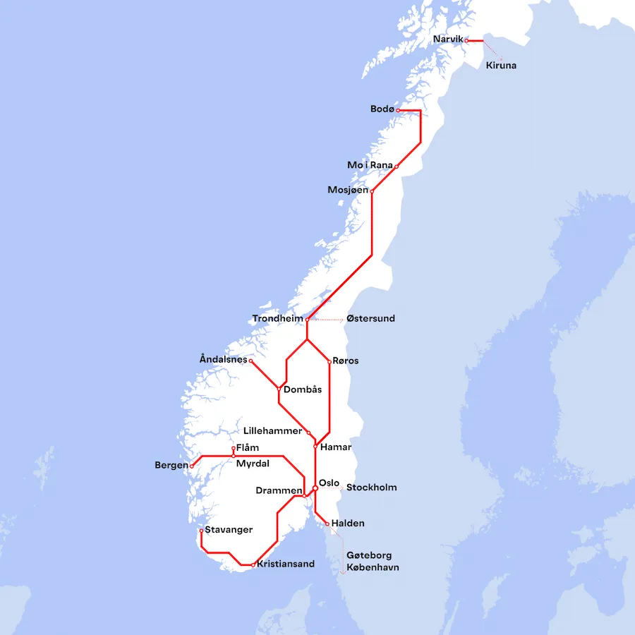 mapa de trenes de noruega